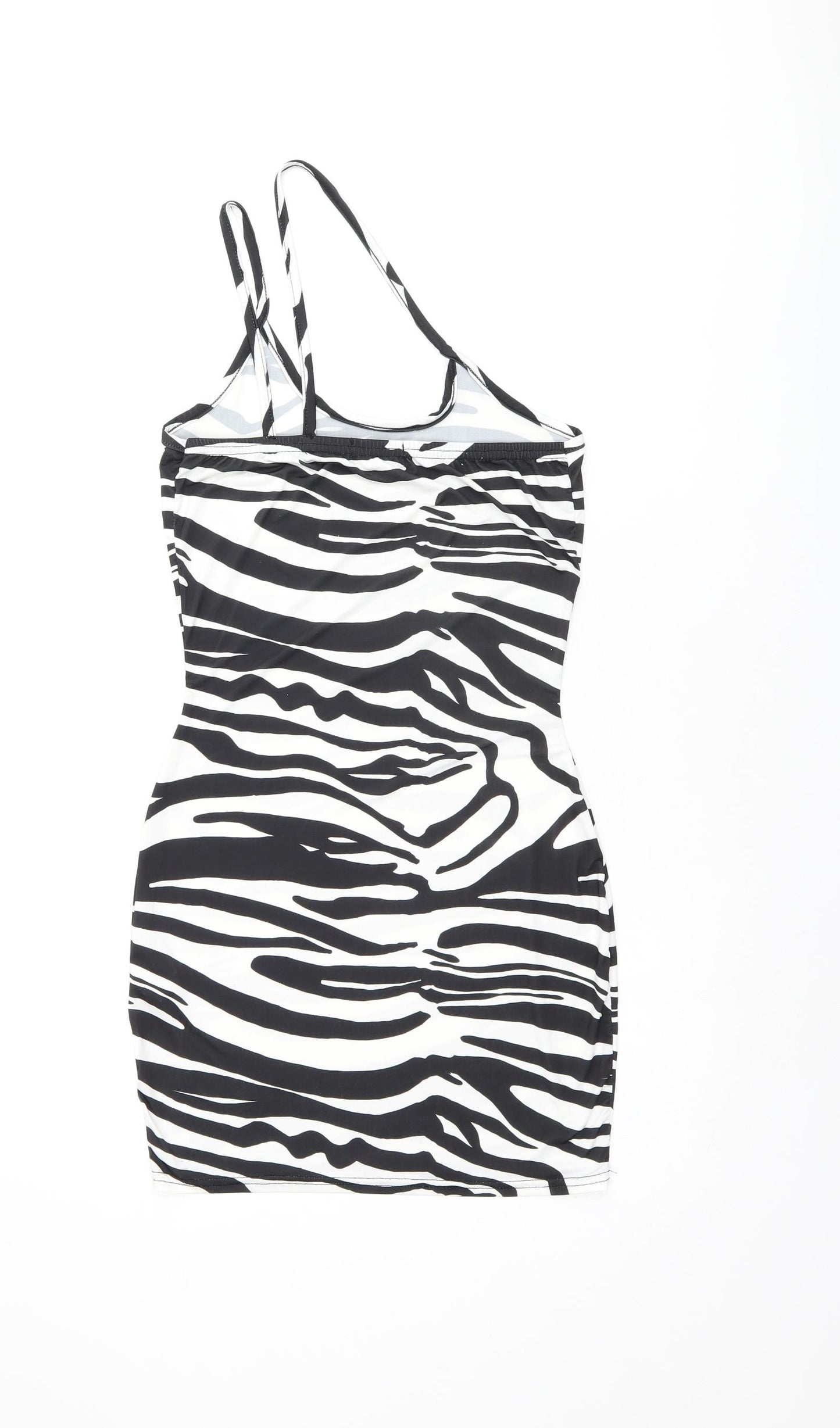 PRETTYLITTLETHING Womens Black Animal Print Polyester Bodycon Size 4 Scoop Neck Pullover - Zebra print