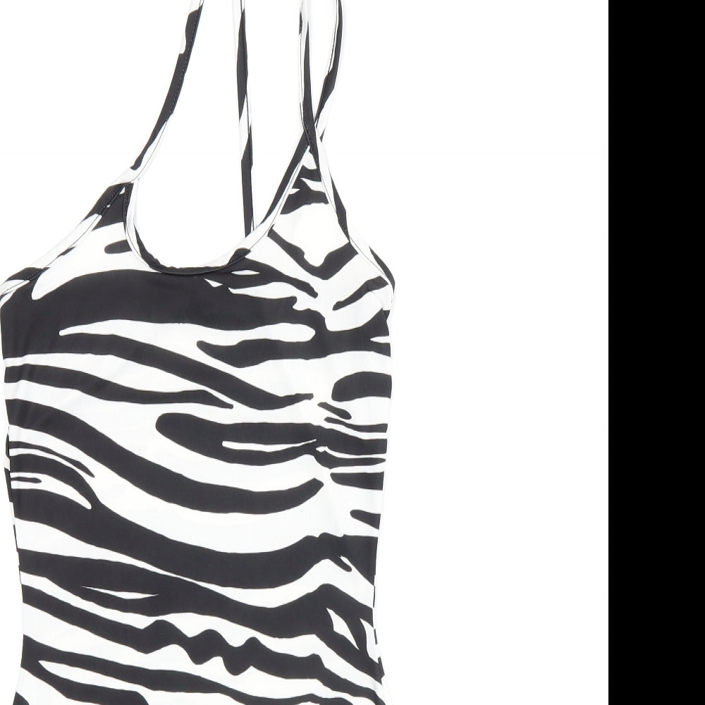 PRETTYLITTLETHING Womens Black Animal Print Polyester Bodycon Size 4 Scoop Neck Pullover - Zebra print