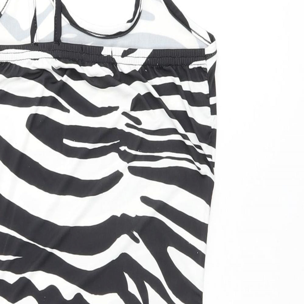 PRETTYLITTLETHING Womens Black Animal Print Polyester Bodycon Size 4 Scoop Neck Pullover - Zebra print