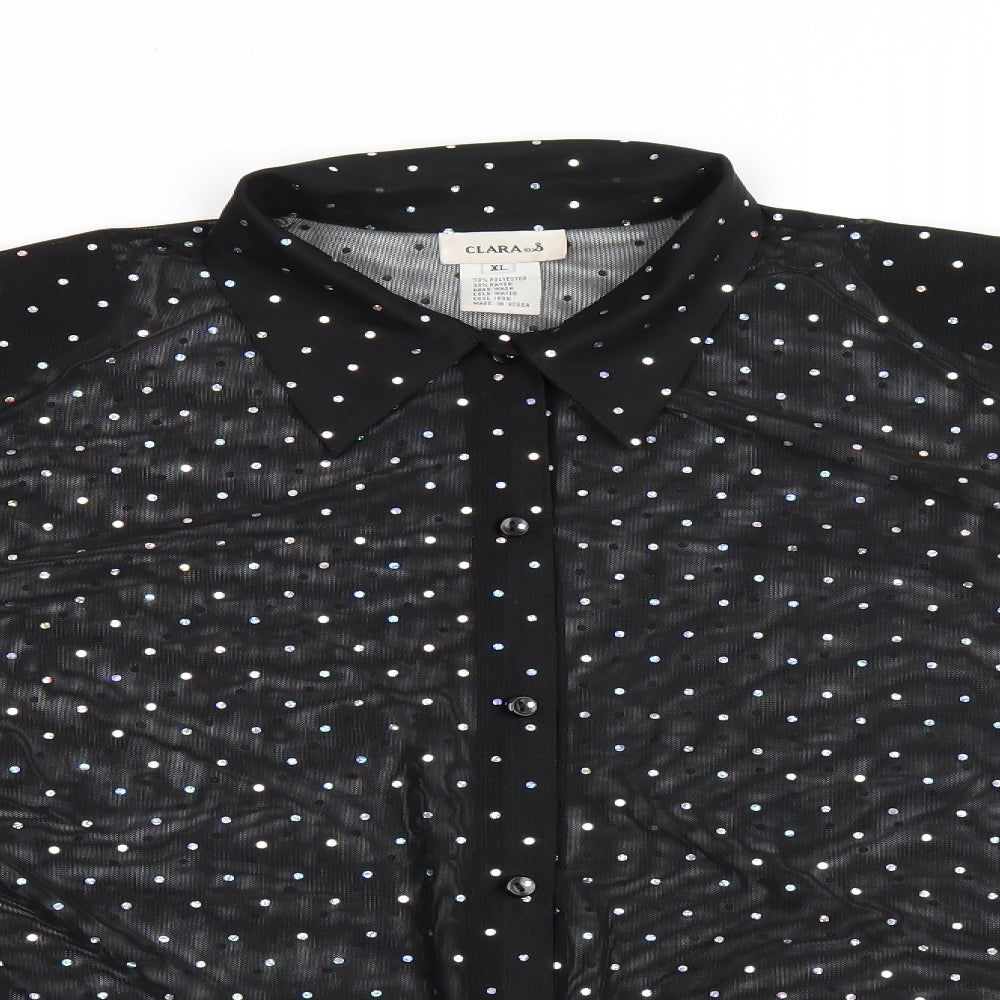 CLARA Womens Black Polka Dot Polyester Basic Button-Up Size XL Collared