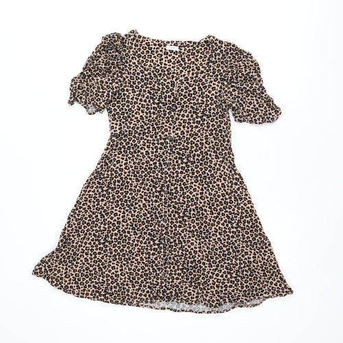 NEXT Girls Beige Animal Print Viscose Skater Dress Size 11 Years Scoop Neck Button