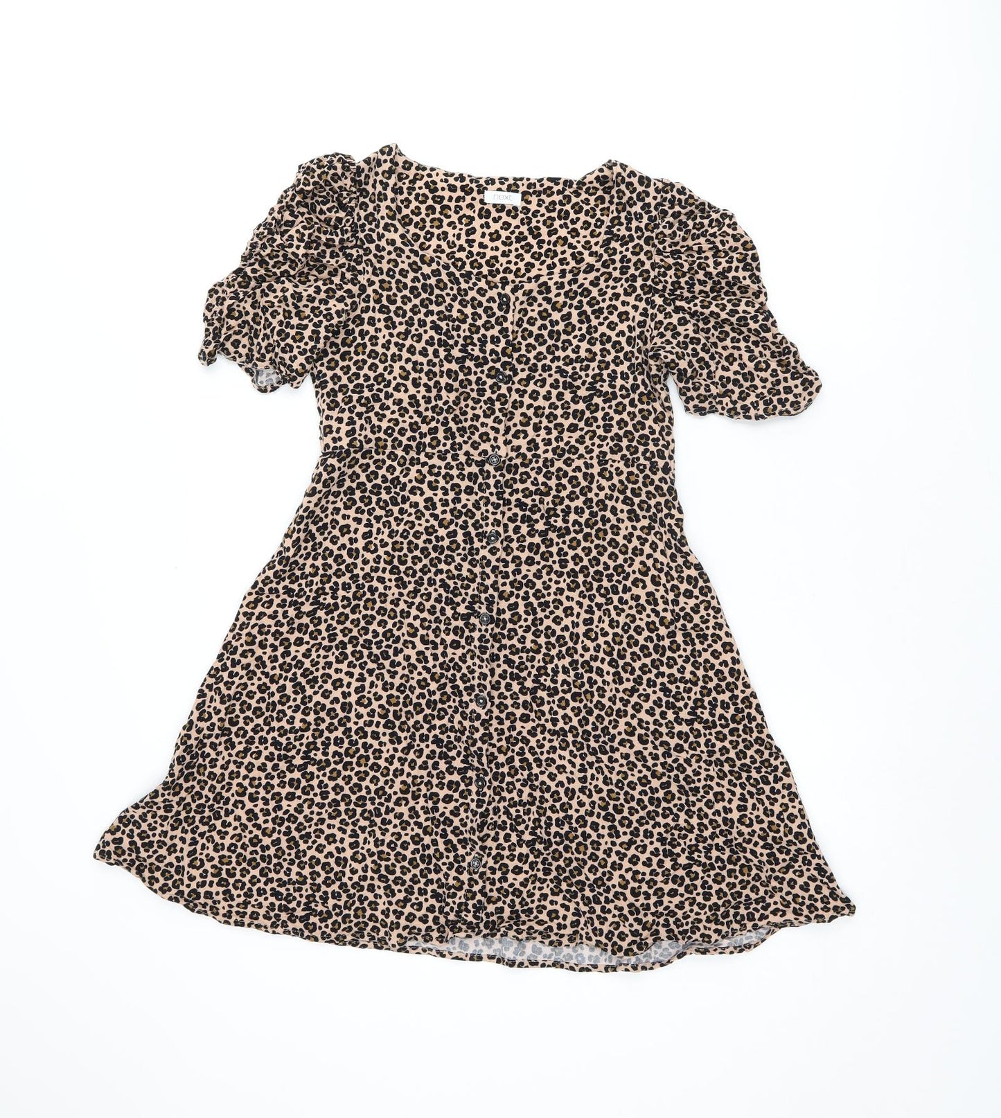 NEXT Girls Beige Animal Print Viscose Skater Dress Size 11 Years Scoop Neck Button