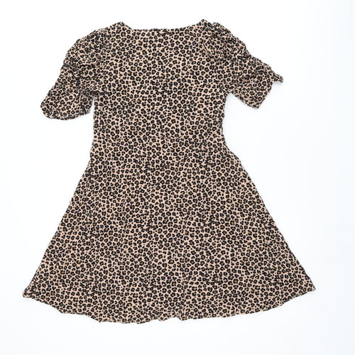 NEXT Girls Beige Animal Print Viscose Skater Dress Size 11 Years Scoop Neck Button