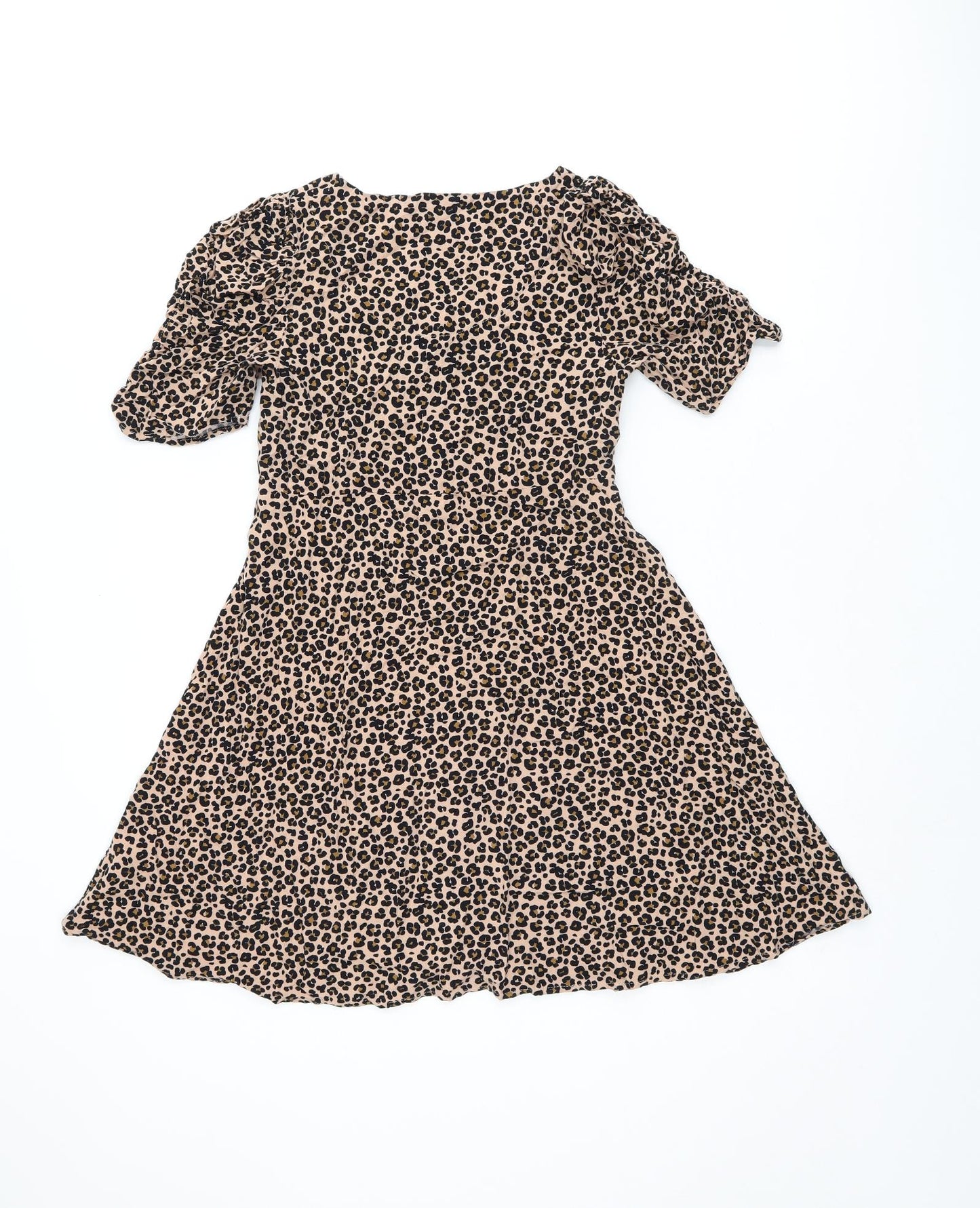 NEXT Girls Beige Animal Print Viscose Skater Dress Size 11 Years Scoop Neck Button