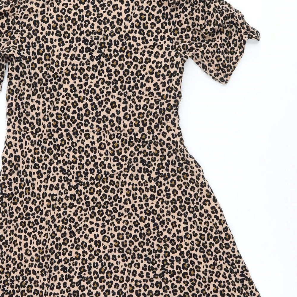 NEXT Girls Beige Animal Print Viscose Skater Dress Size 11 Years Scoop Neck Button