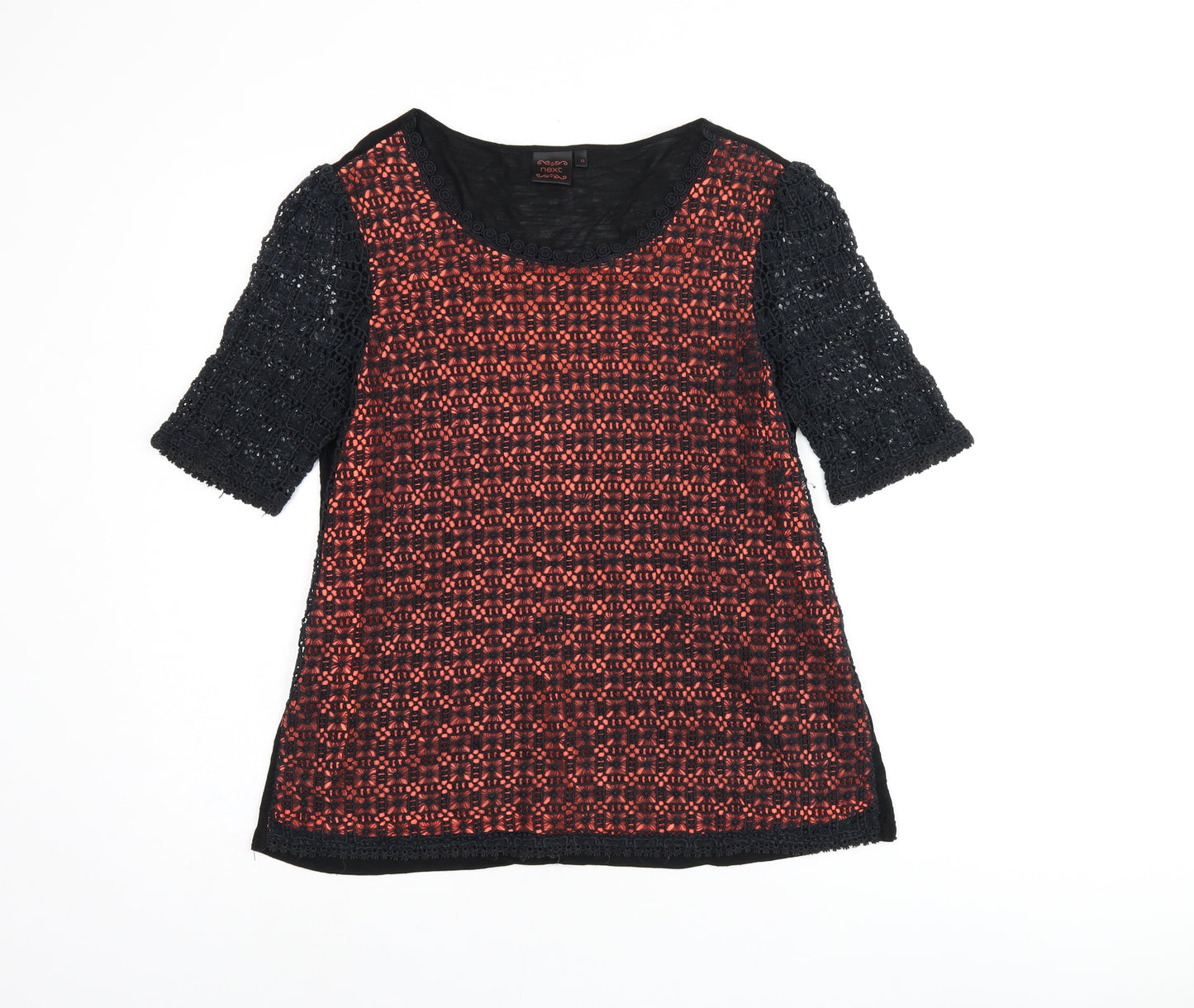 NEXT Womens Black Cotton Jersey T-Shirt Size 12 Scoop Neck - Crochet detail