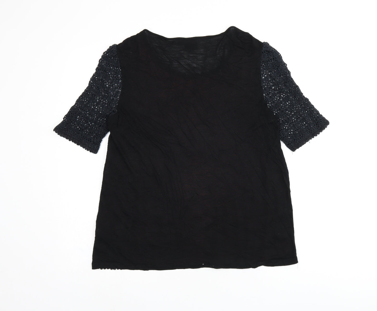 NEXT Womens Black Cotton Jersey T-Shirt Size 12 Scoop Neck - Crochet detail