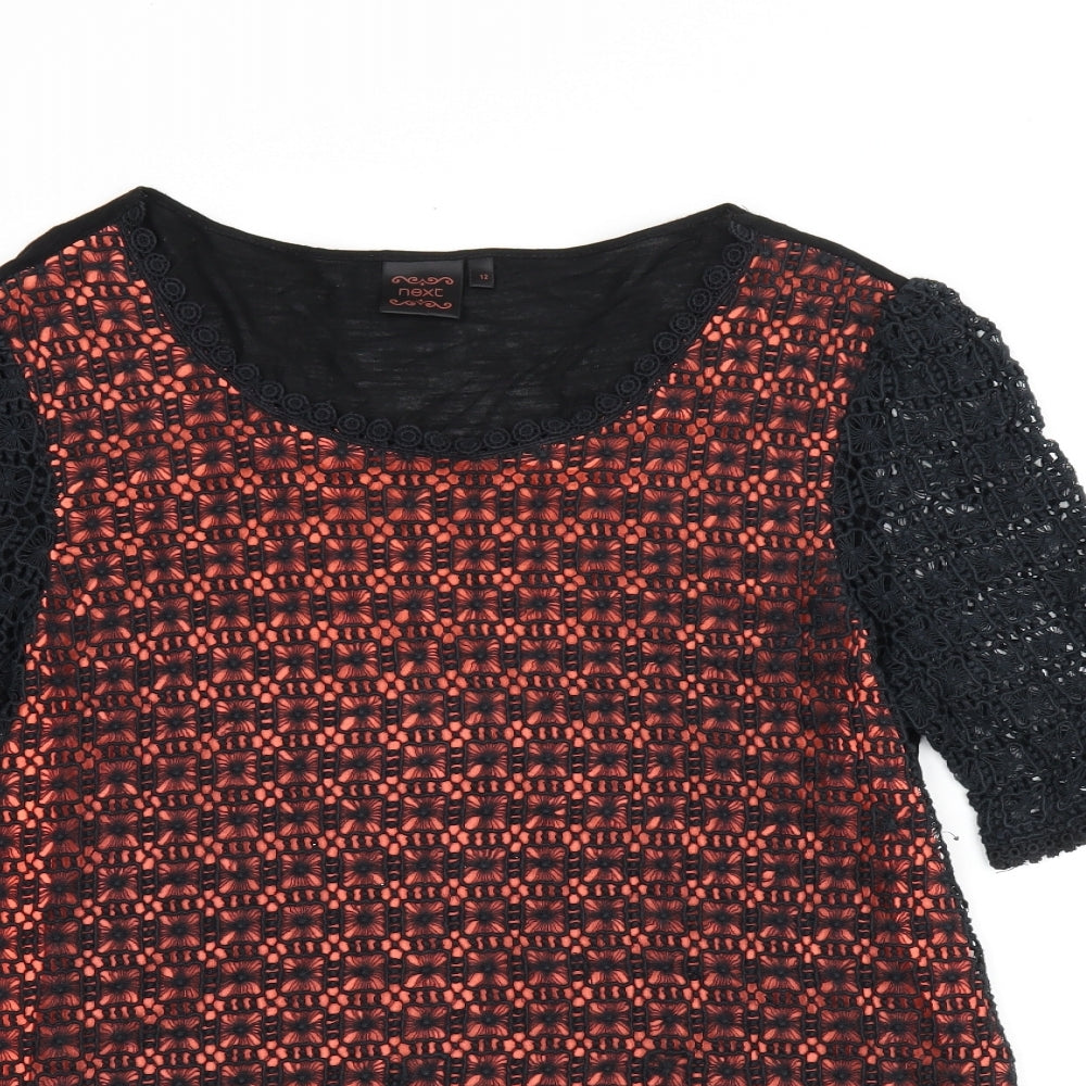 NEXT Womens Black Cotton Jersey T-Shirt Size 12 Scoop Neck - Crochet detail