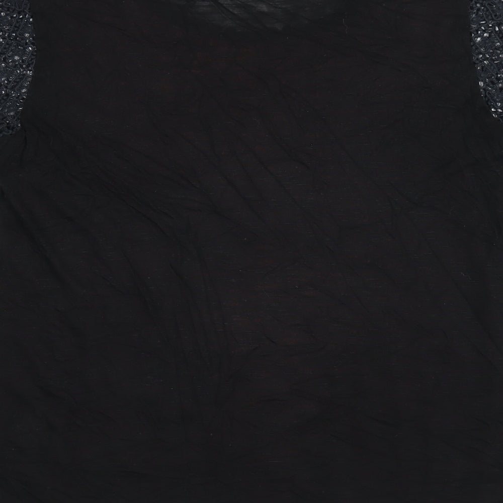 NEXT Womens Black Cotton Jersey T-Shirt Size 12 Scoop Neck - Crochet detail