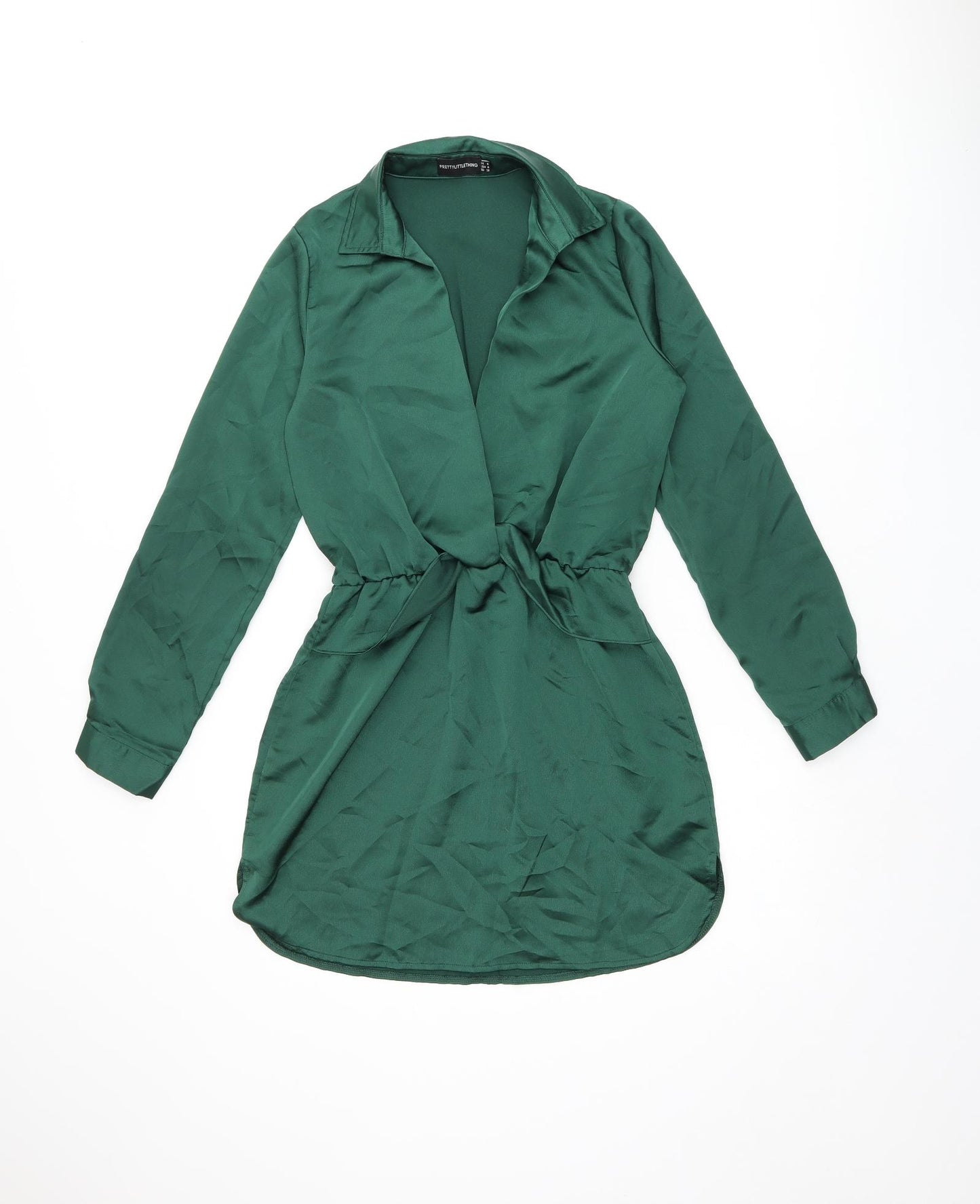 PRETTYLITTLETHING Womens Green Polyester Shirt Dress Size 8 V-Neck Pullover