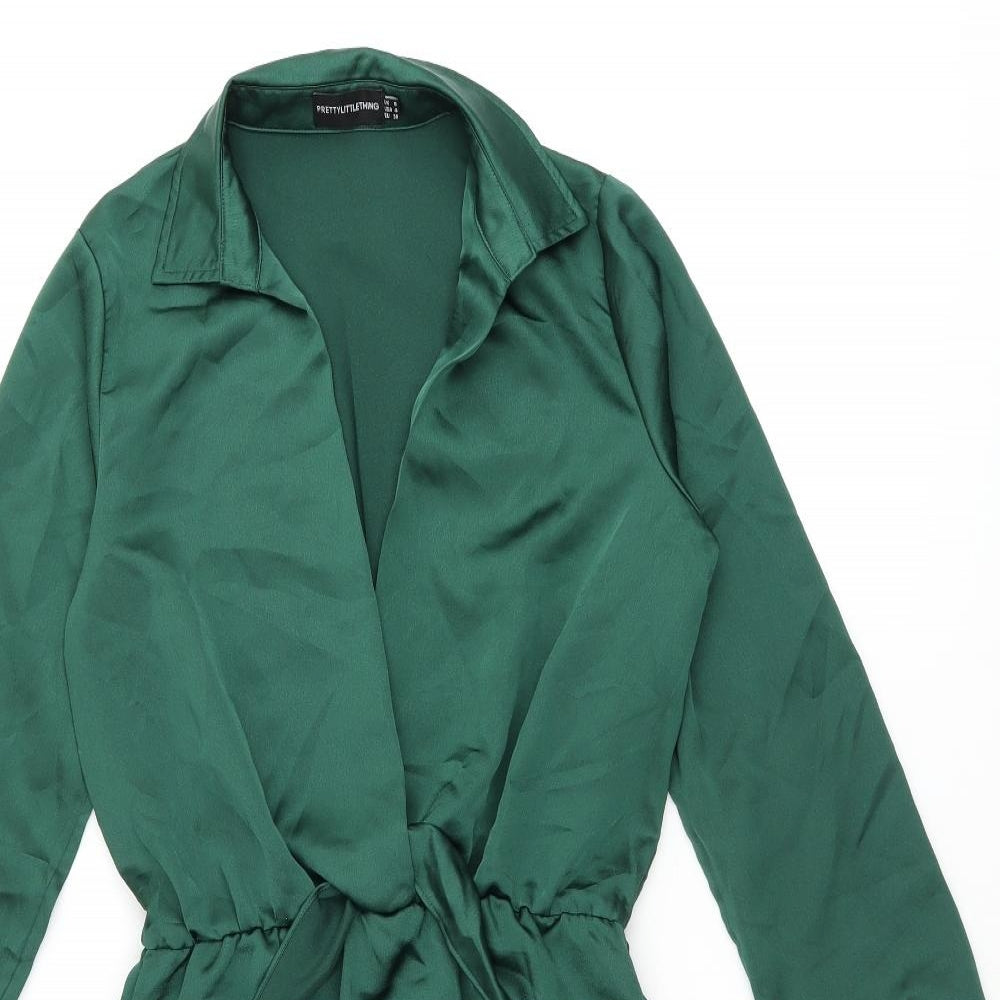 PRETTYLITTLETHING Womens Green Polyester Shirt Dress Size 8 V-Neck Pullover