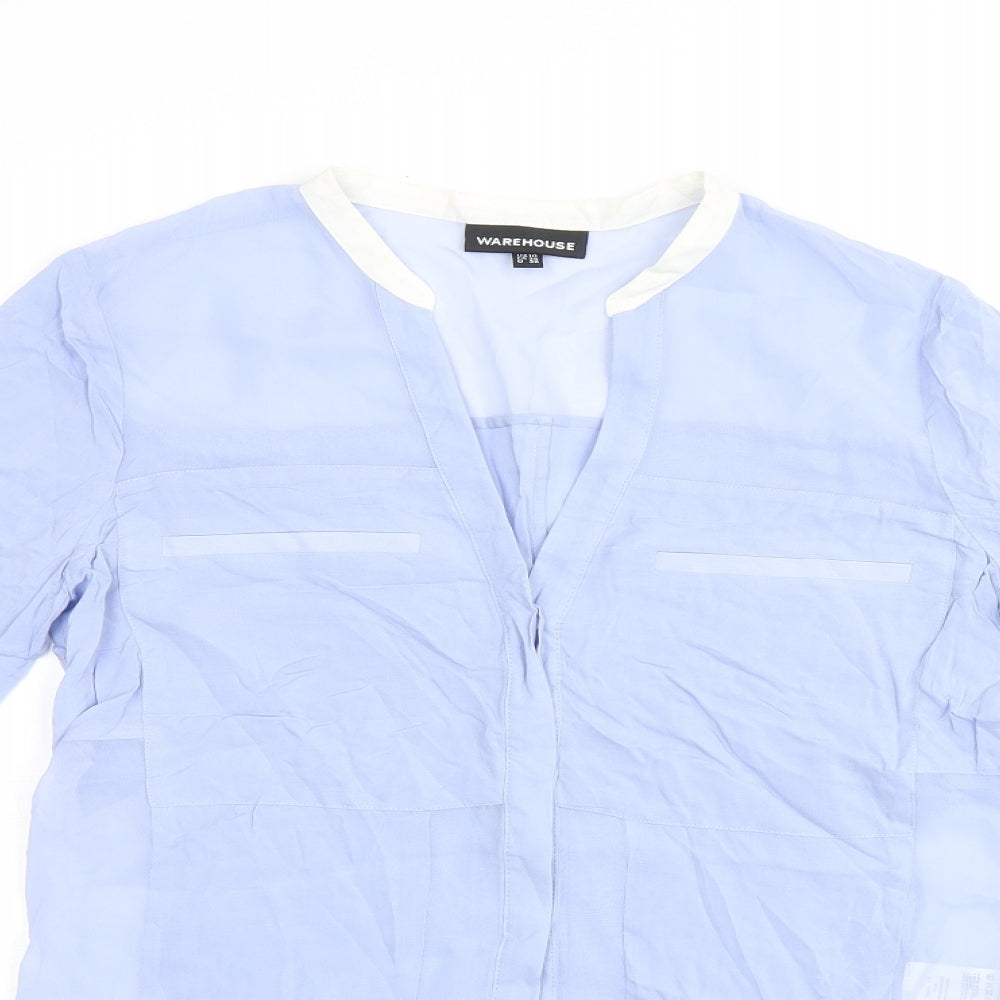 Warehouse Womens Blue Viscose Jersey Button-Up Size 10 V-Neck