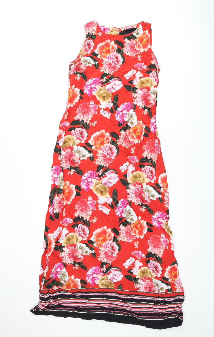 Wallis Womens Red Floral Viscose Shift Size 10 Boat Neck Button