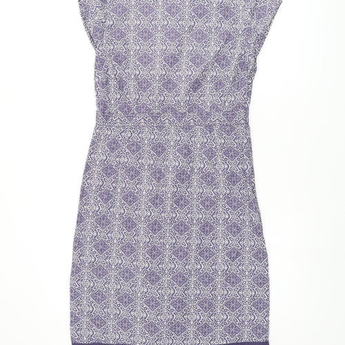 White Stuff Womens Purple Geometric Cotton Pencil Dress Size 8 Boat Neck Zip