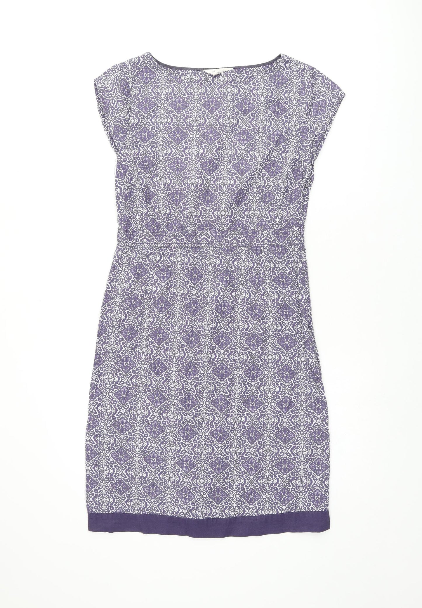 White Stuff Womens Purple Geometric Cotton Pencil Dress Size 8 Boat Neck Zip