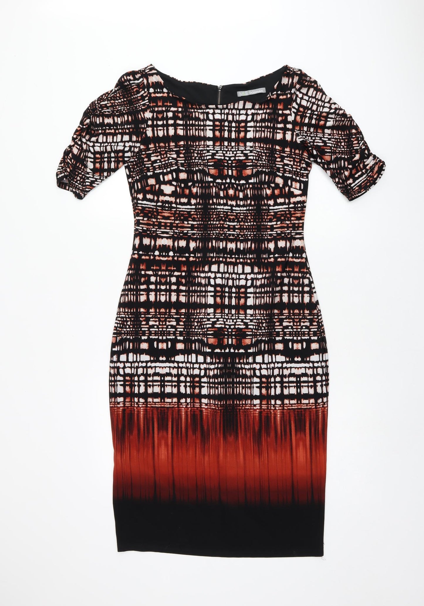 Marks and Spencer Womens Black Geometric Polyester Bodycon Size 12 Boat Neck Zip