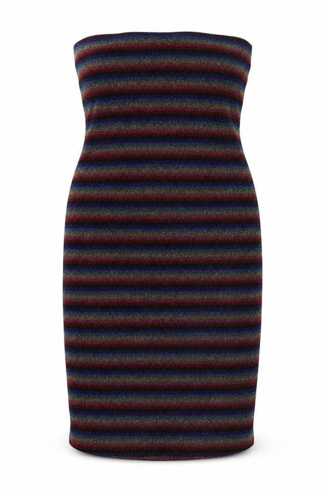 Front view of Topshop women’s black striped viscose bodycon, size UK 16, off the shoulder pullover - glitter backless