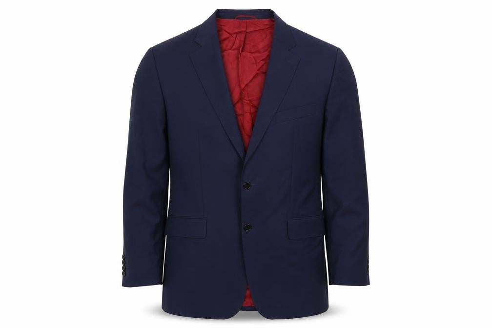 Front view of Nicholas Jones men’s blue wool jacket suit jacket, size 46, regular