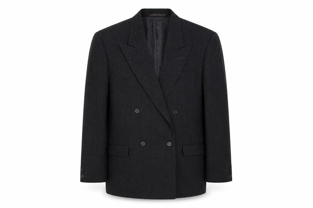 Front view of Hornes men’s grey striped wool jacket suit jacket, size 42, regular