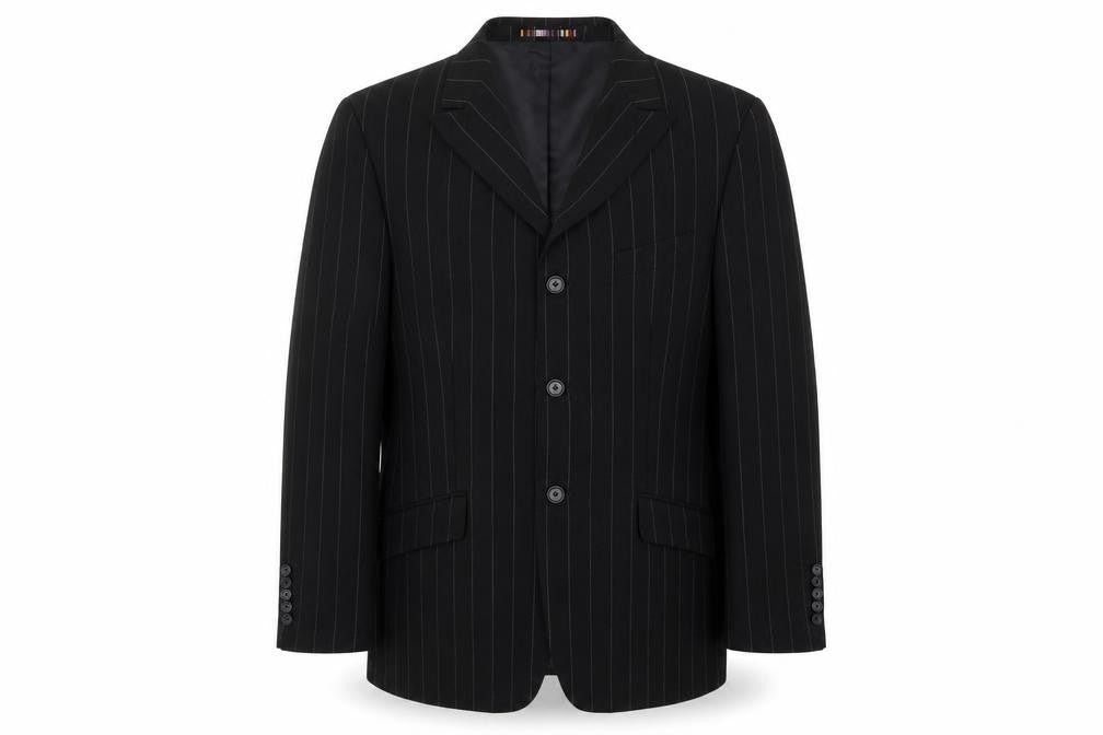 Front view of River Island men’s black striped polyester jacket suit jacket, size 42, regular - five button sleeve