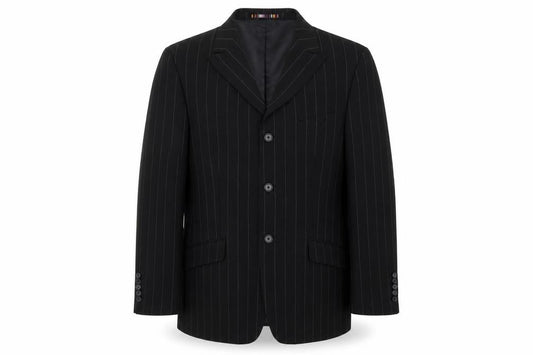 Front view of River Island men’s black striped polyester jacket suit jacket, size 42, regular - five button sleeve