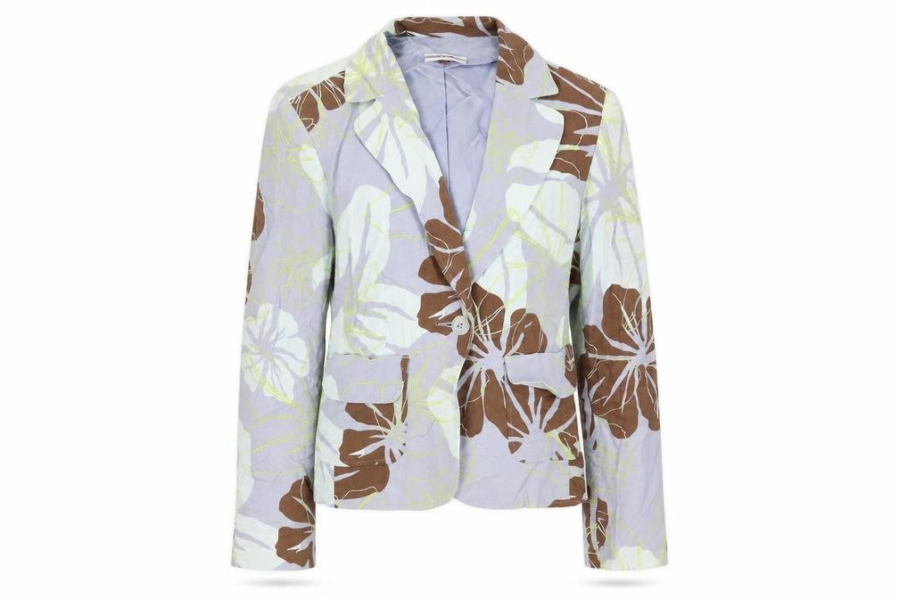Front view of FSR women’s blue floral jacket blazer, size UK 10, button
