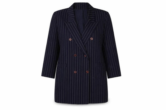 Front view of C&A women’s blue striped jacket blazer, size UK 14, button