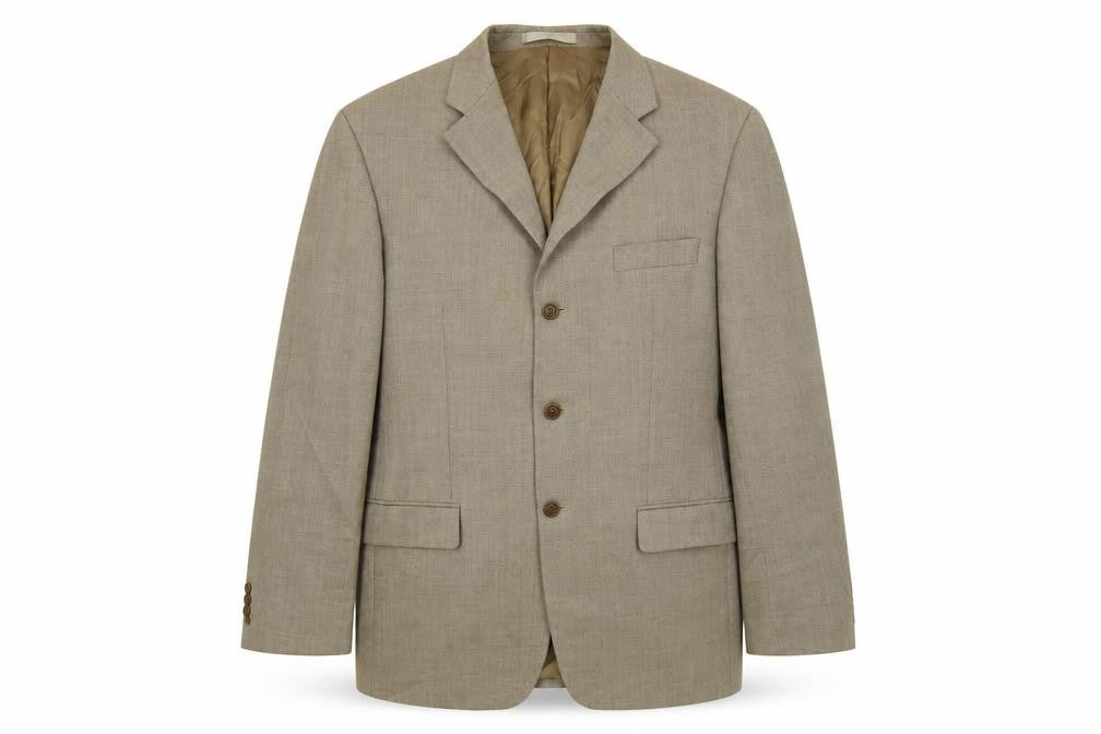 Front view of Marks & Spencer men’s beige wool jacket suit jacket, size 42, regular