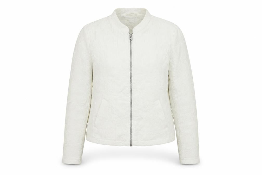 Front view of Indigo women’s ivory jacket blazer, size UK 8, zip - textured