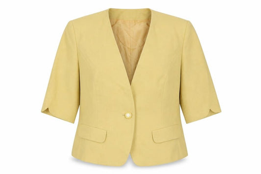 Front view of KlaraKollection women’s yellow jacket blazer, size UK 16, button