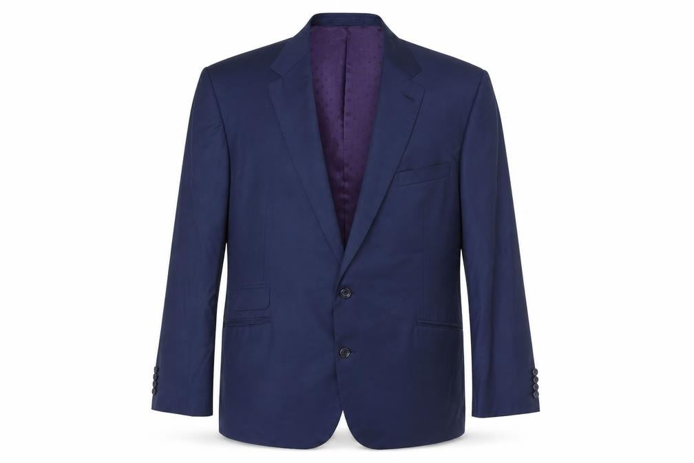 Front view of Harris & Howard men’s blue wool jacket suit jacket, size 46, regular