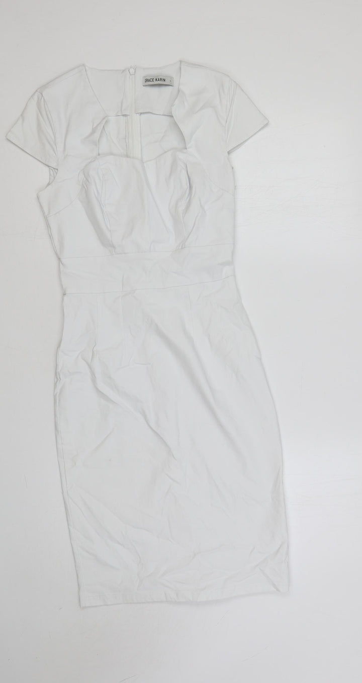 Grace Karin Womens White Rayon Pencil Dress Size S Sweetheart Zip