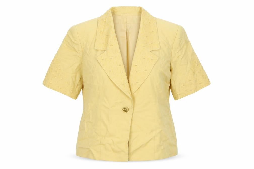 Front view of Medici women’s yellow jacket blazer, size UK 14, button - beaded