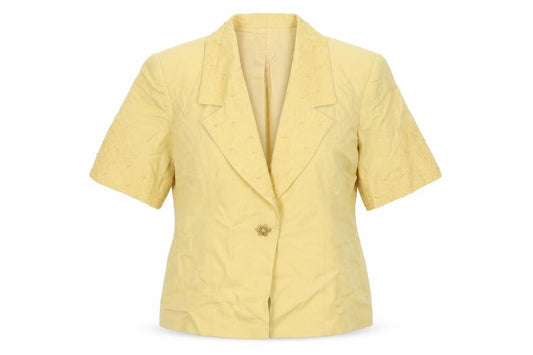 Front view of Medici women’s yellow jacket blazer, size UK 14, button - beaded