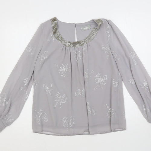 Wallis Womens Grey Geometric Polyester Basic Blouse Size S Round Neck - Bow Print Embellished