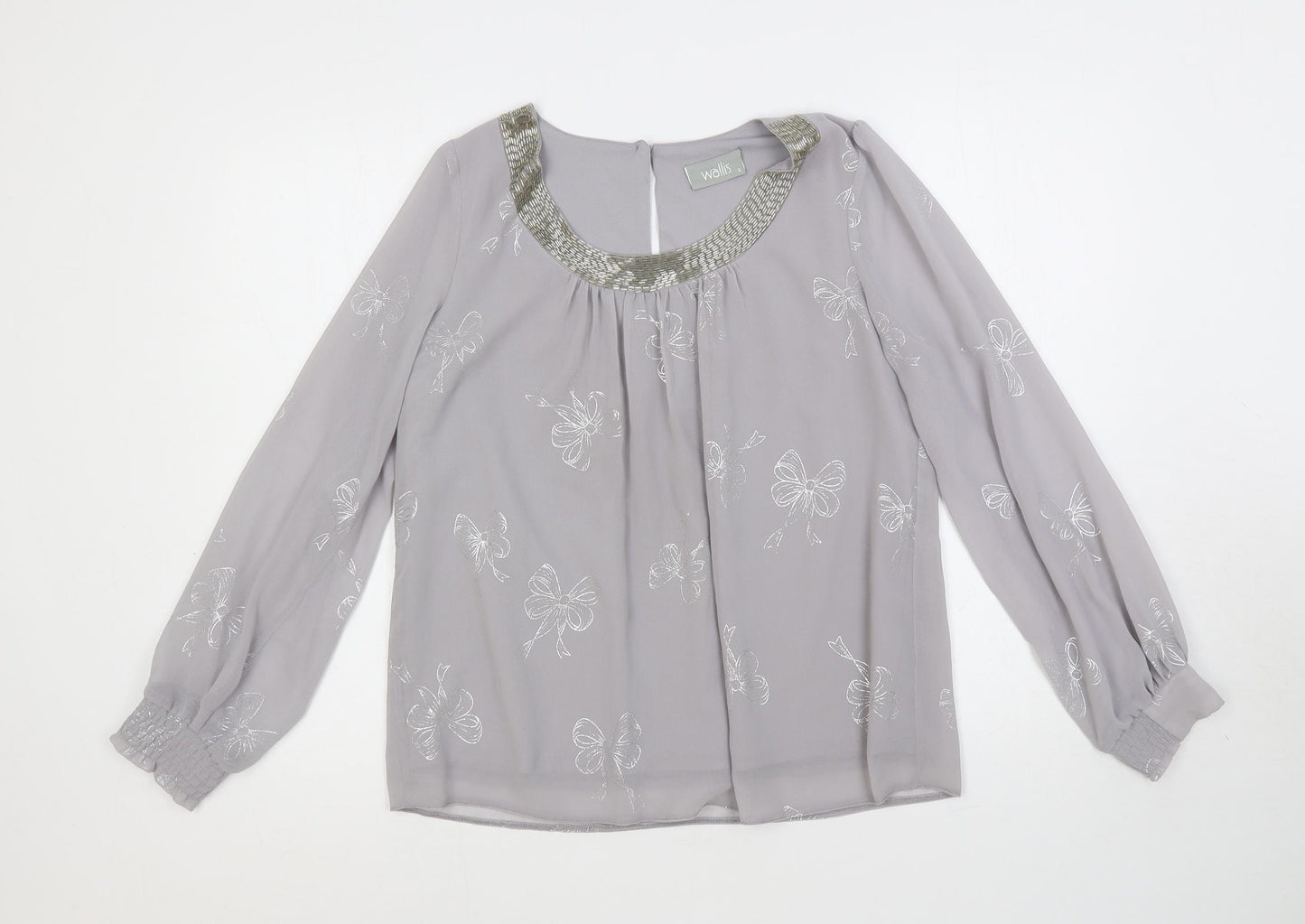 Wallis Womens Grey Geometric Polyester Basic Blouse Size S Round Neck - Bow Print Embellished