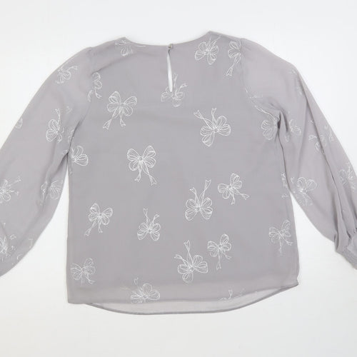 Wallis Womens Grey Geometric Polyester Basic Blouse Size S Round Neck - Bow Print Embellished