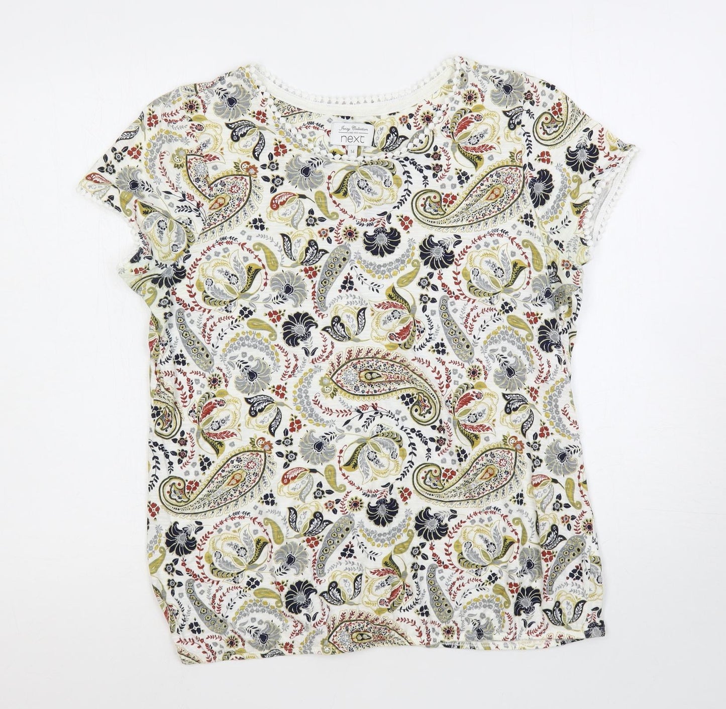 NEXT Womens White Paisley Cotton Basic T-Shirt Size 16 Round Neck