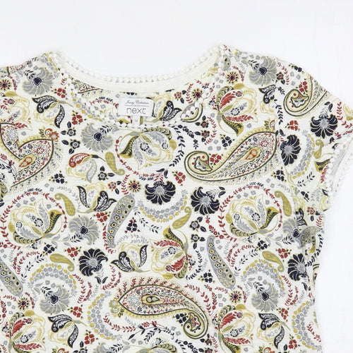 NEXT Womens White Paisley Cotton Basic T-Shirt Size 16 Round Neck