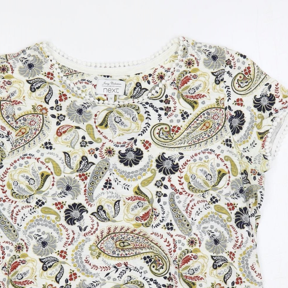 NEXT Womens White Paisley Cotton Basic T-Shirt Size 16 Round Neck