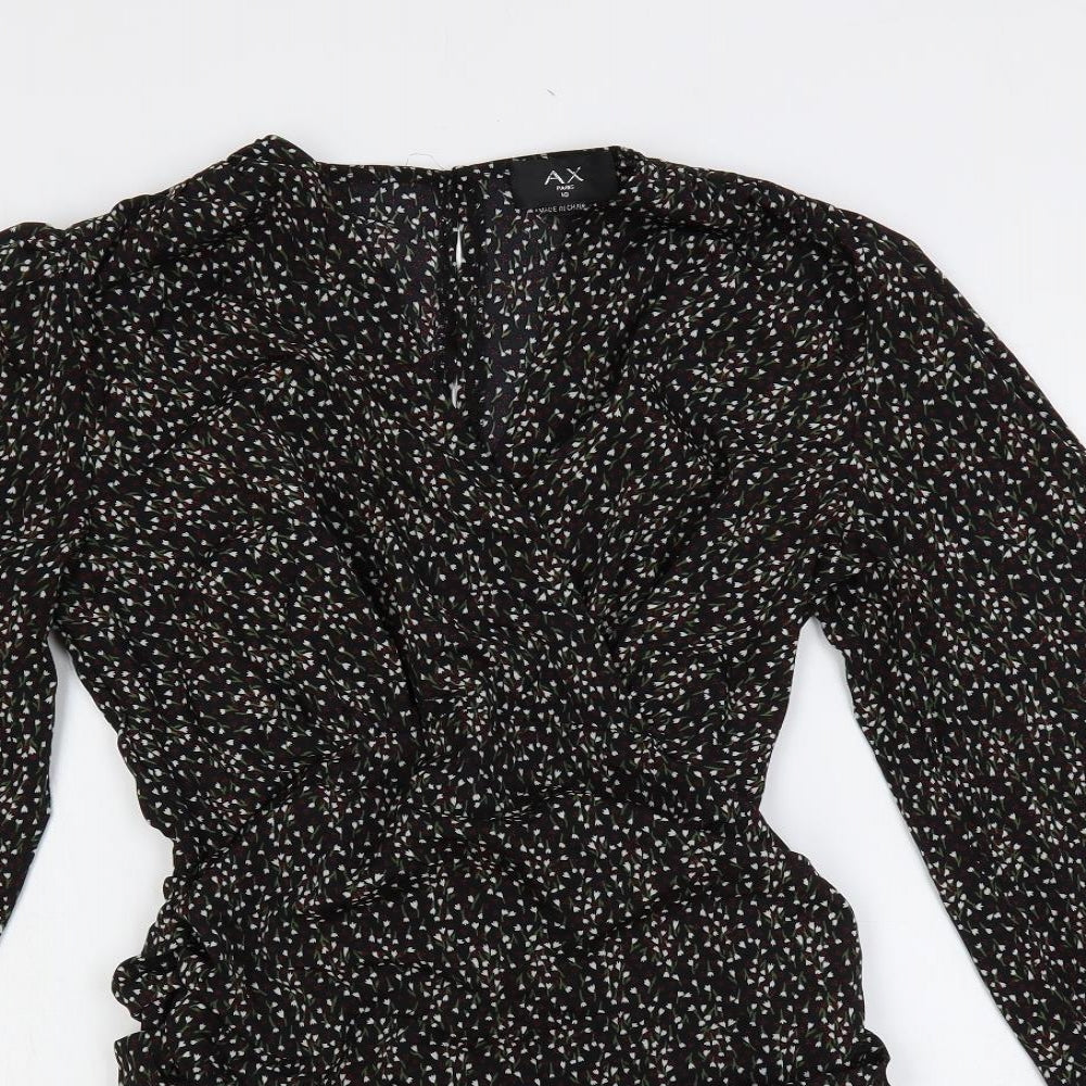 AX Paris Womens Black Floral Polyester Sheath Size 10 V-Neck Button - Ruffle