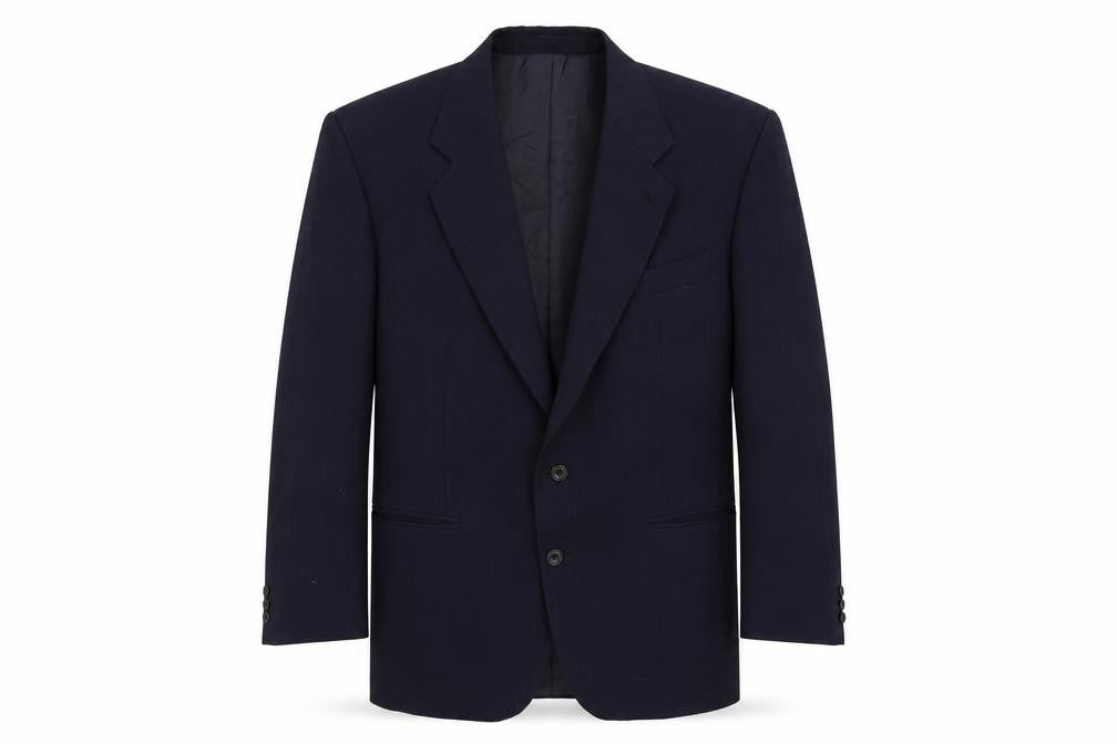 Front view of Burton men’s blue striped wool jacket suit jacket, size 44, regular