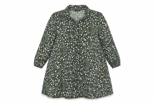 Front view of Roman women’s green geometric polyester shirt dress, size UK 12, collared button