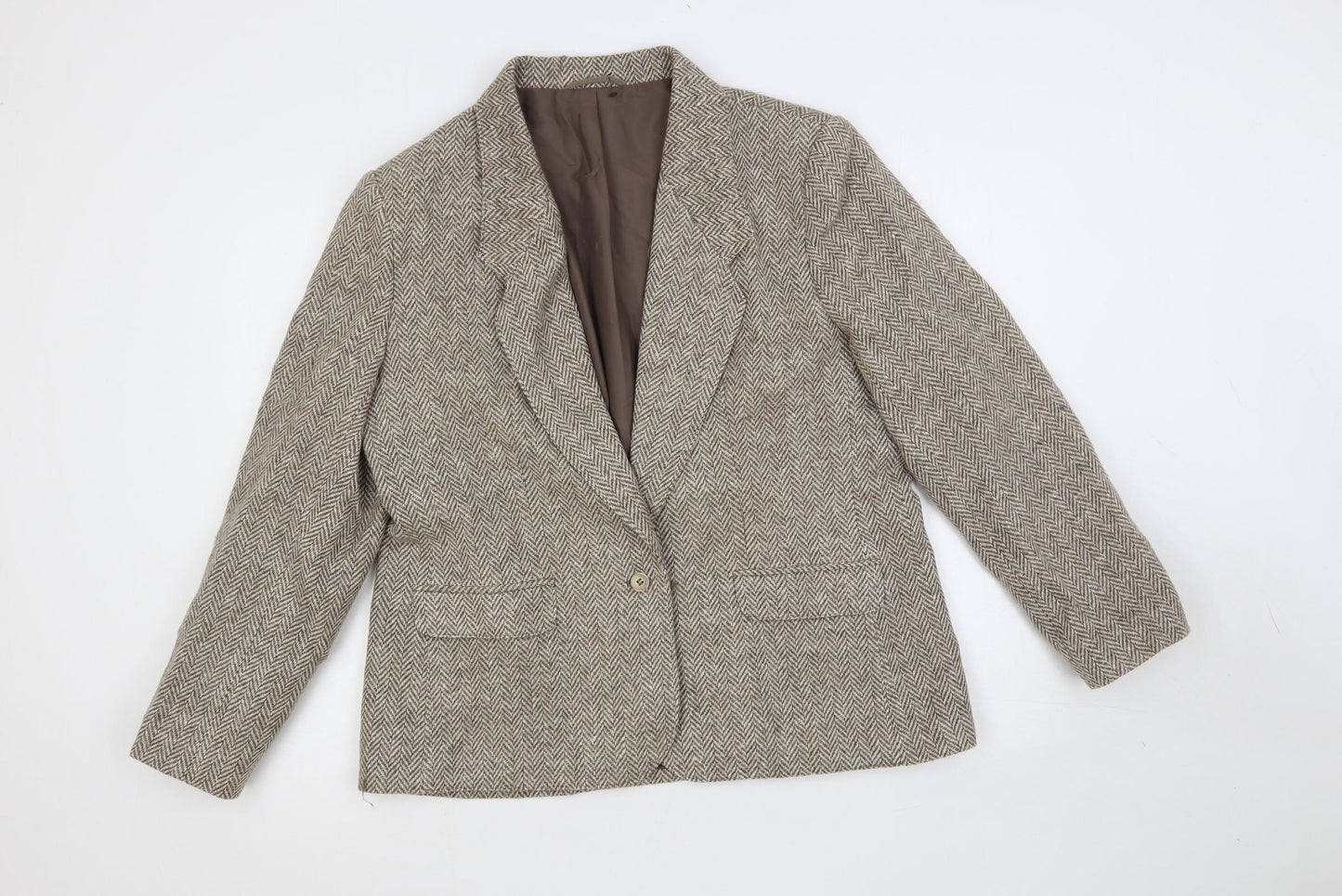 St Michael Womens Brown Herringbone Jacket Blazer Size L Button - Vintage