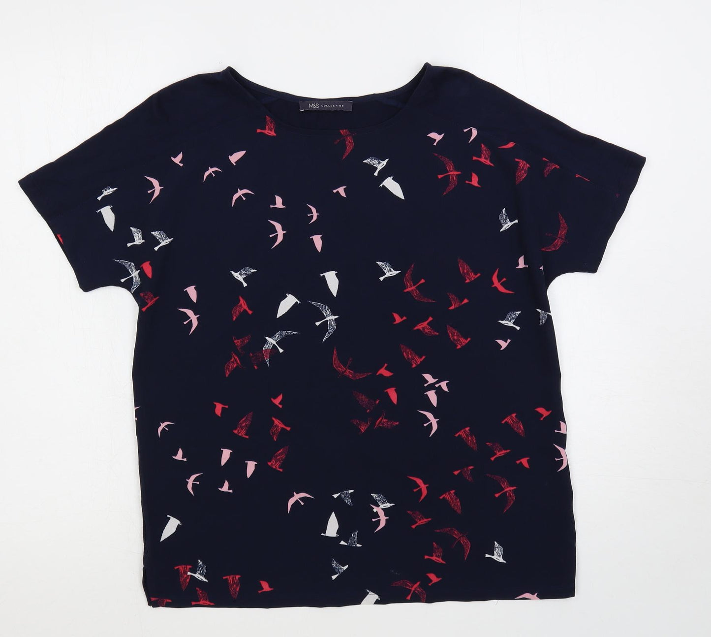 Marks and Spencer Womens Blue Geometric Polyester Basic T-Shirt Size 10 Round Neck - Bird Print