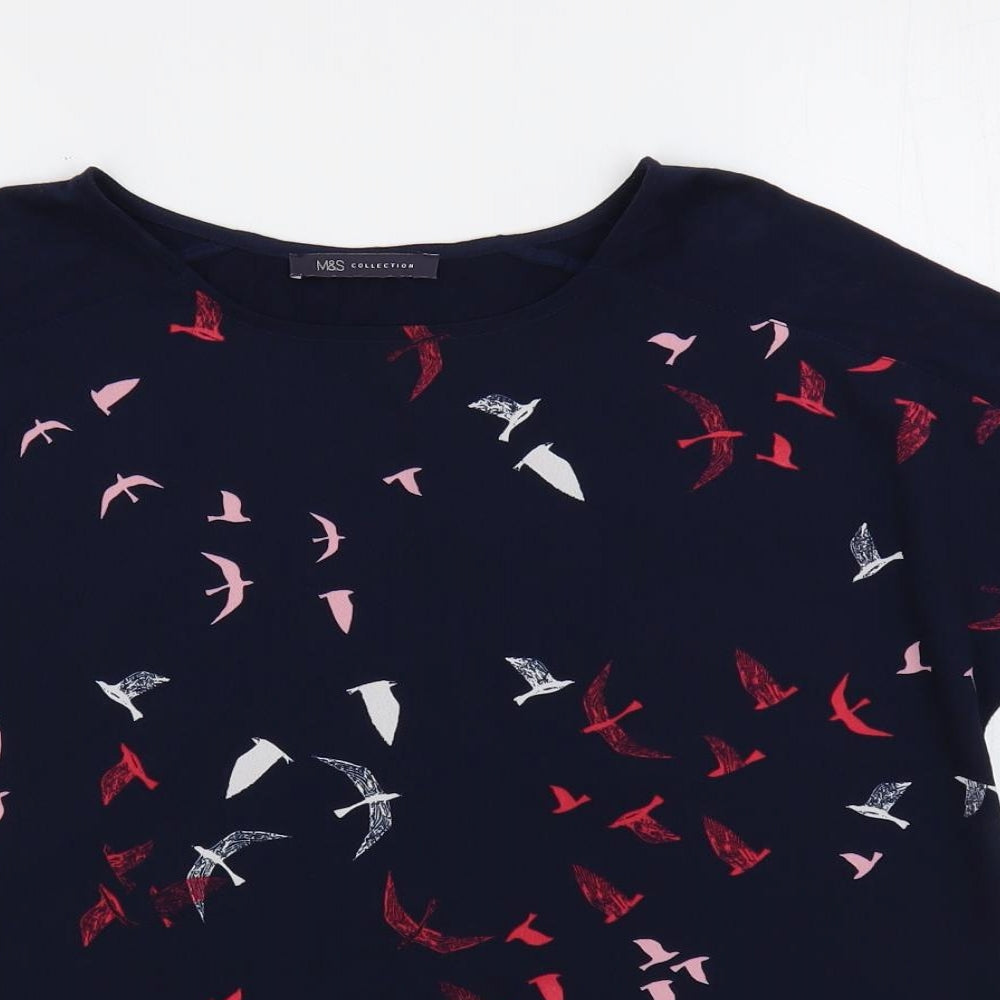Marks and Spencer Womens Blue Geometric Polyester Basic T-Shirt Size 10 Round Neck - Bird Print