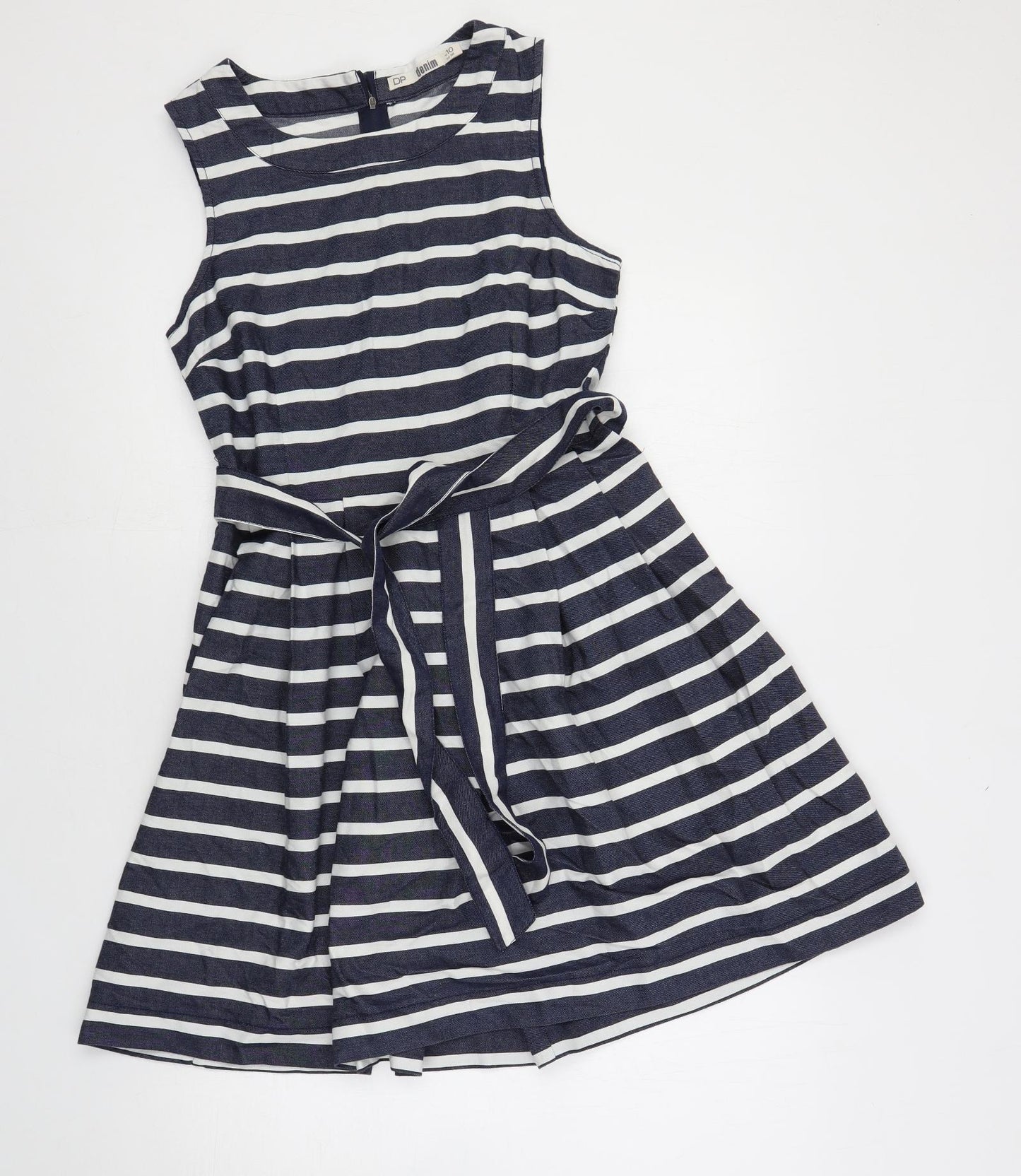 Dorothy Perkins Womens Blue Striped Cotton Skater Dress Size 10 Round Neck Zip - Belted