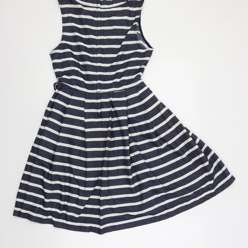Dorothy Perkins Womens Blue Striped Cotton Skater Dress Size 10 Round Neck Zip - Belted