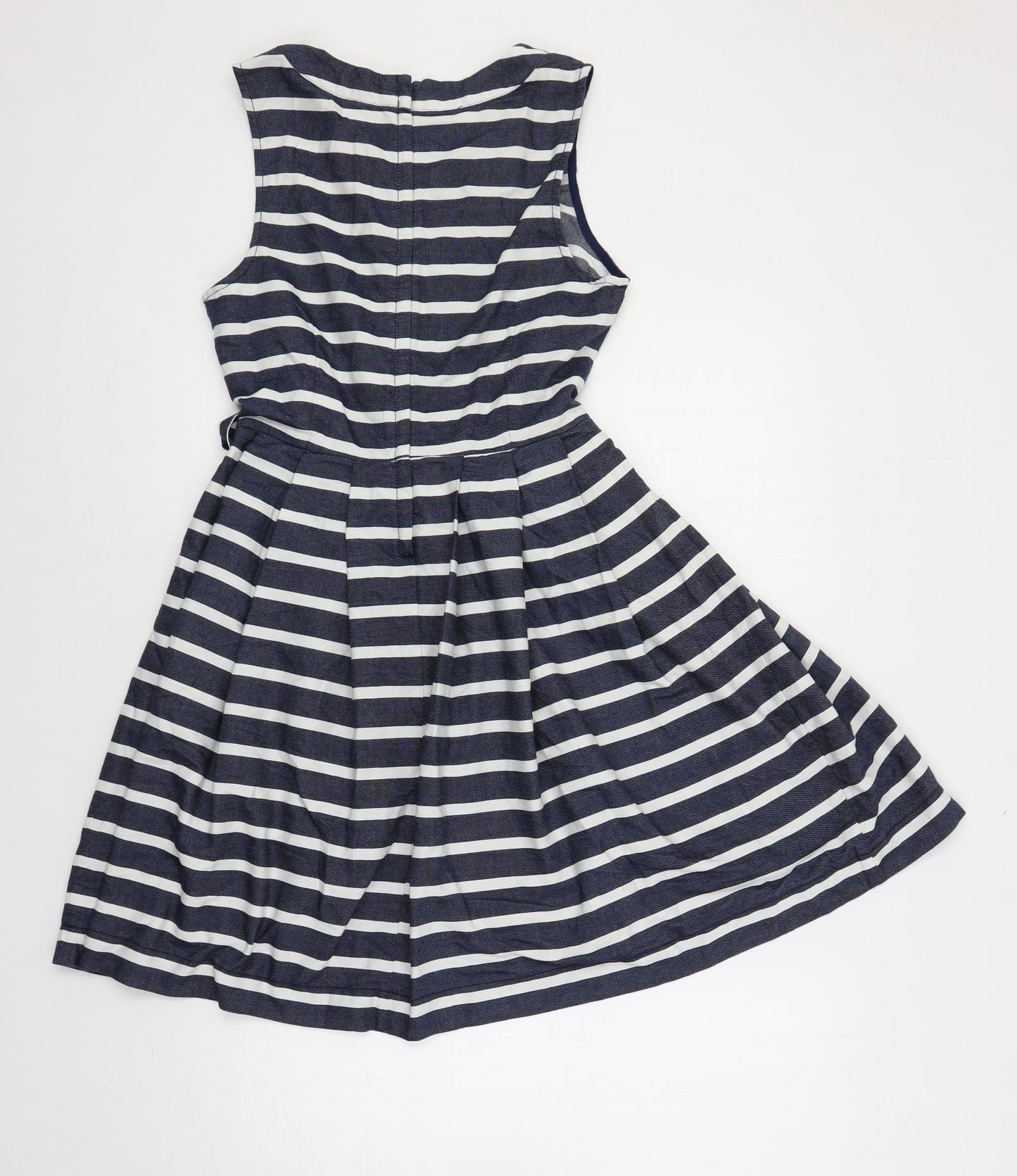 Dorothy Perkins Womens Blue Striped Cotton Skater Dress Size 10 Round Neck Zip - Belted