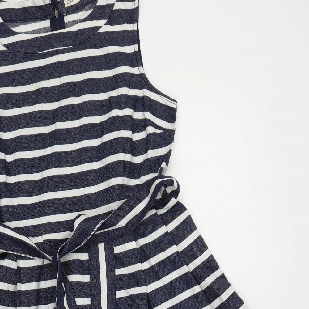 Dorothy Perkins Womens Blue Striped Cotton Skater Dress Size 10 Round Neck Zip - Belted